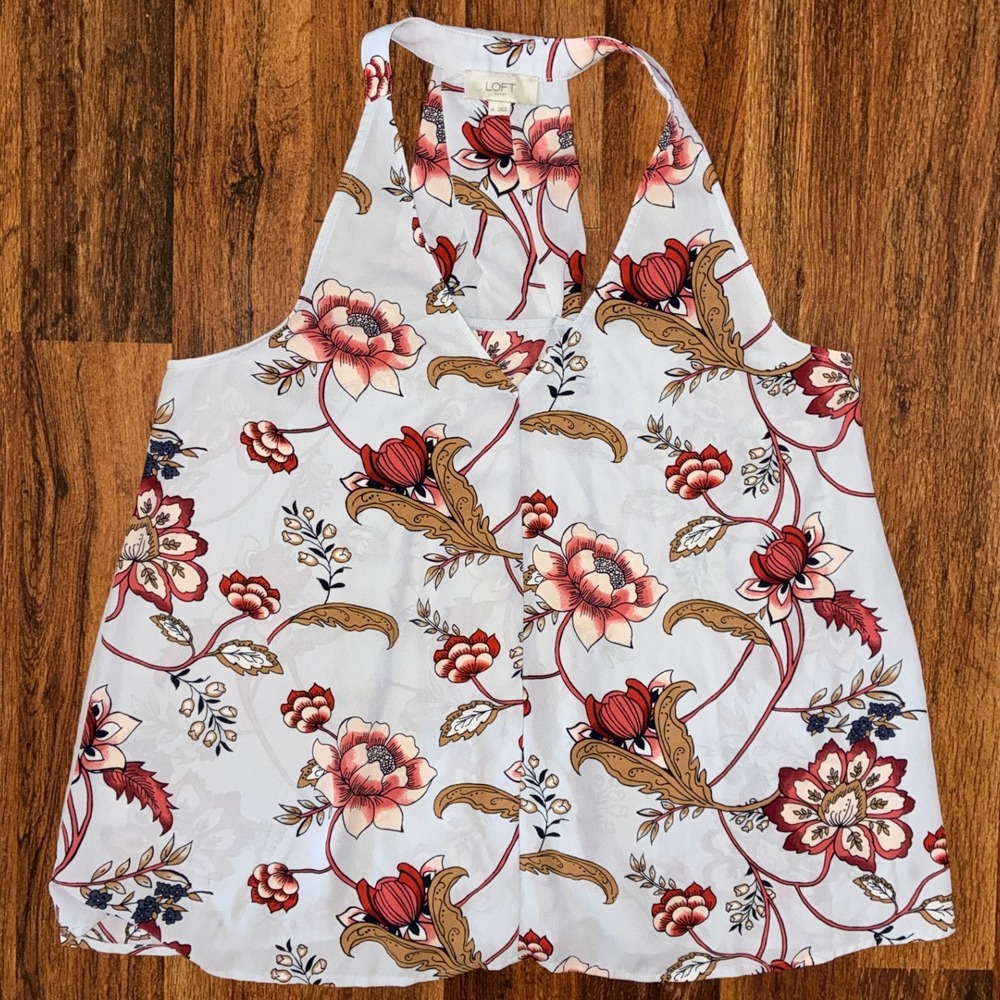 Loft Outlet Womens Floral Racerback Tank Top Light Blue Red V-Neck Pleated Back